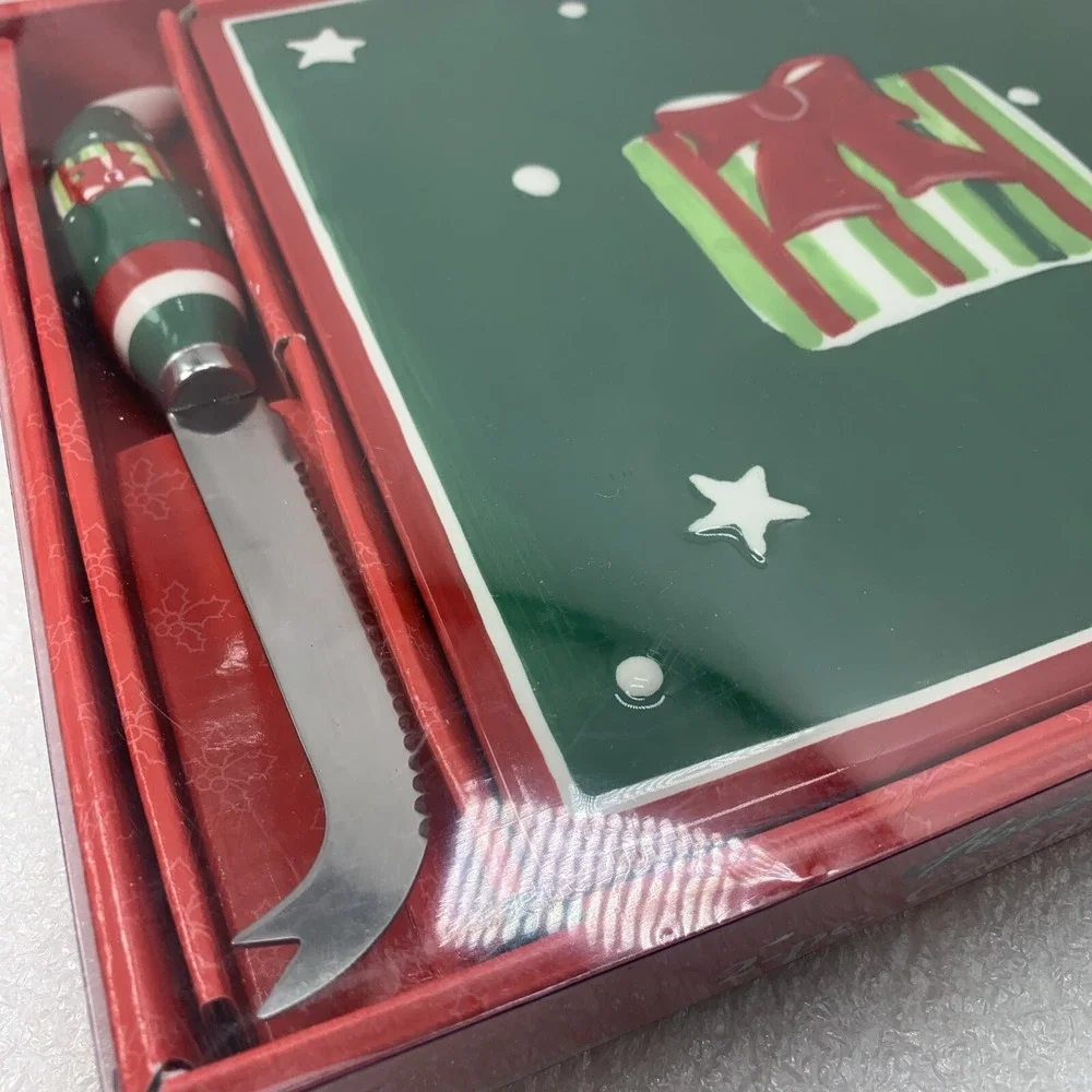 Vintage Ceramic Christmas Cheese Title Set Knife Green Board Gift, NEW